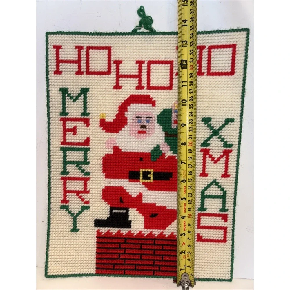 Vtg Kitschy Plastic Canvas Santa Wall Hanging Merry Xmas Ho Ho Ho Handmade 13
